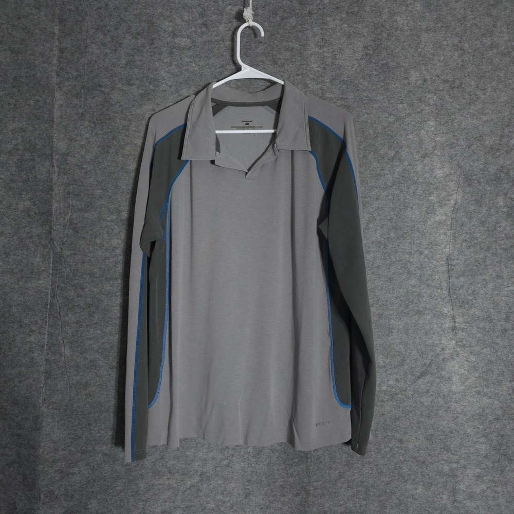 Patagonia Polo Shirt Mens L Gray Blue Trim Long Sleeve Performance Athletic Fits